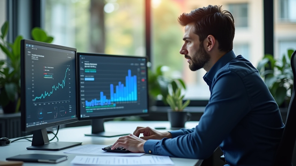 Personne analysant des données sur un écran d'ordinateur, graphiques et statistiques visibles, environnement de bureau moderne