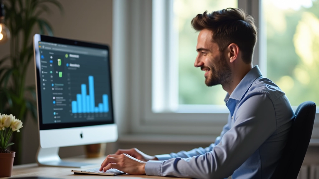 Entrepreneur consultant son tableau de bord analytique avec satisfaction dans son espace de travail à domicile