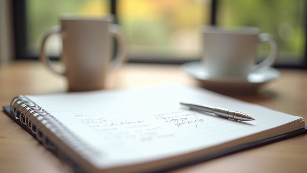 Bloc-notes avec notes manuscrites, stylo et tasse de café sur une table en bois