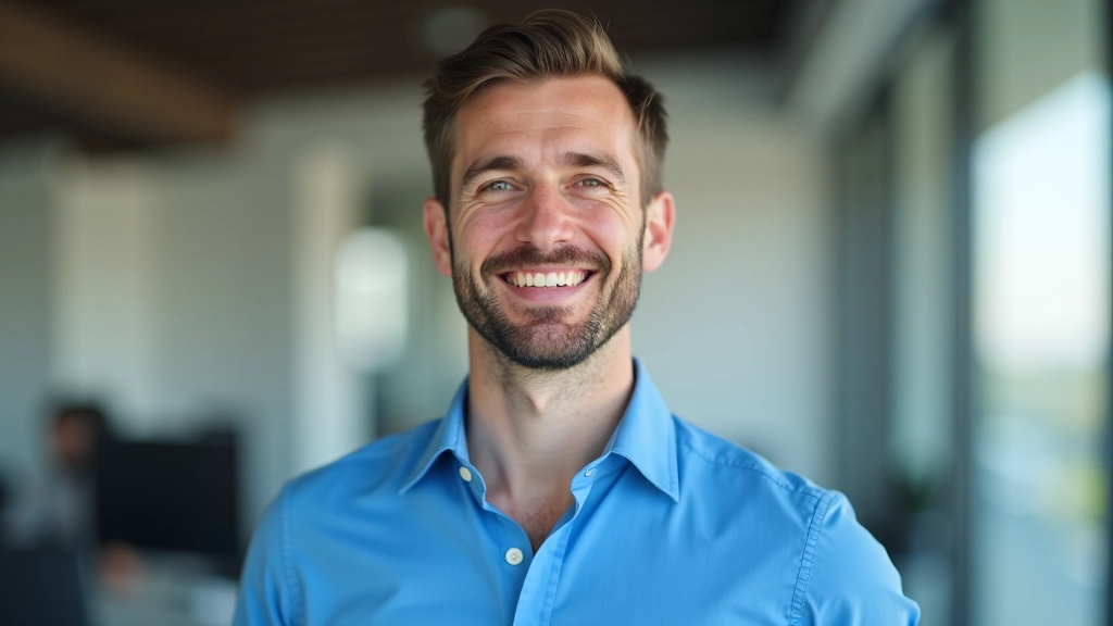 Portrait professionnel d'un homme dans un bureau moderne, chemise bleue, confiant et souriant