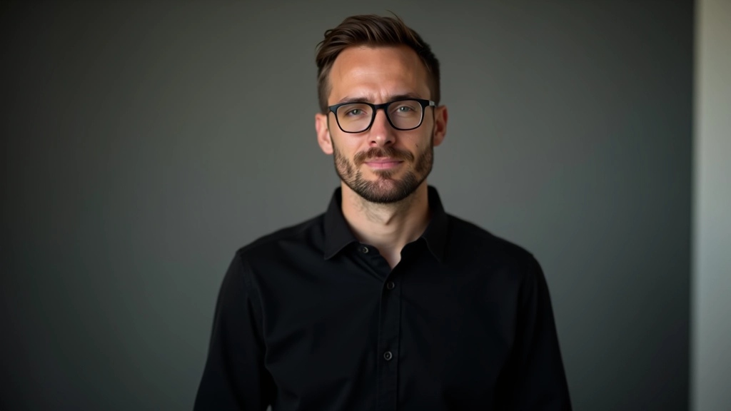 Portrait professionnel d'un homme avec des lunettes, vêtu d'une chemise noire, expression sérieuse et professionnelle, fond bureau minimaliste