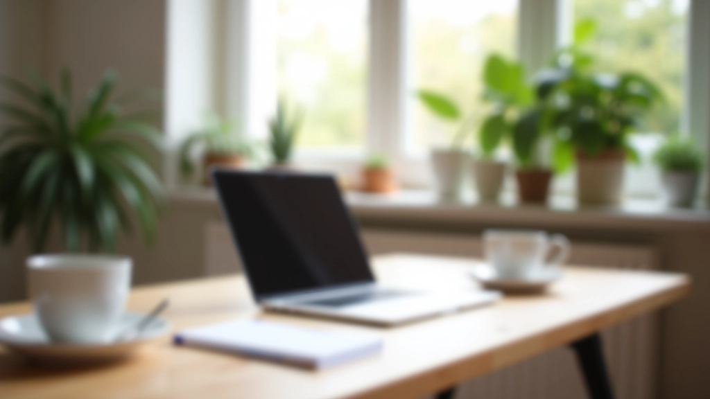 Espace de travail moderne avec ordinateur portable, carnet et café sur un bureau en bois clair