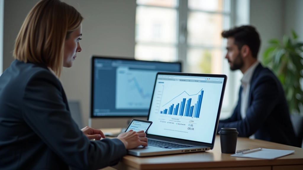 Deux personnes discutant devant un écran montrant un graphique d'analytics croissant, partenariat stratégique