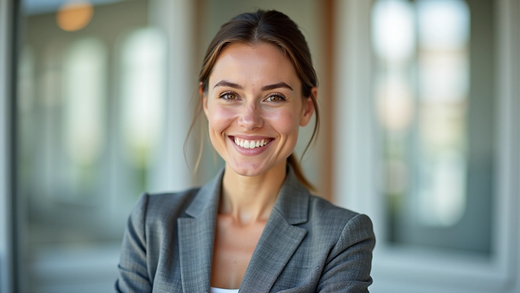 Portrait professionnel d'une femme avec des cheveux bruns, vêtue d'une veste professionnelle grise, sourire chaleureux, bureau clair
