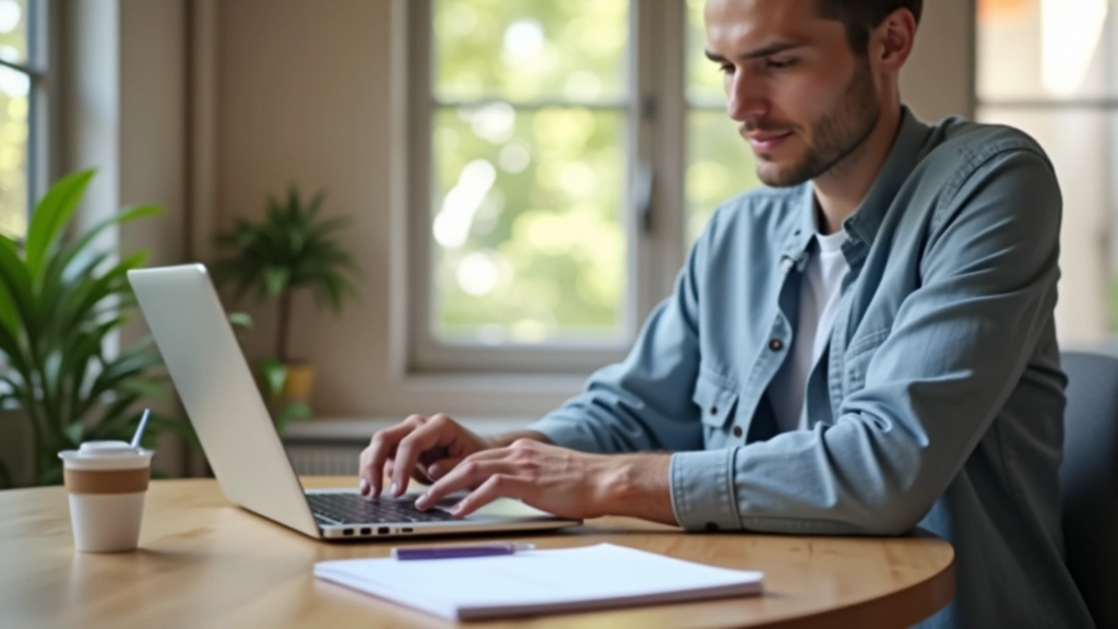 Entrepreneur travaillant sur son projet, ordinateur portable ouvert, café à proximité, expression concentrée